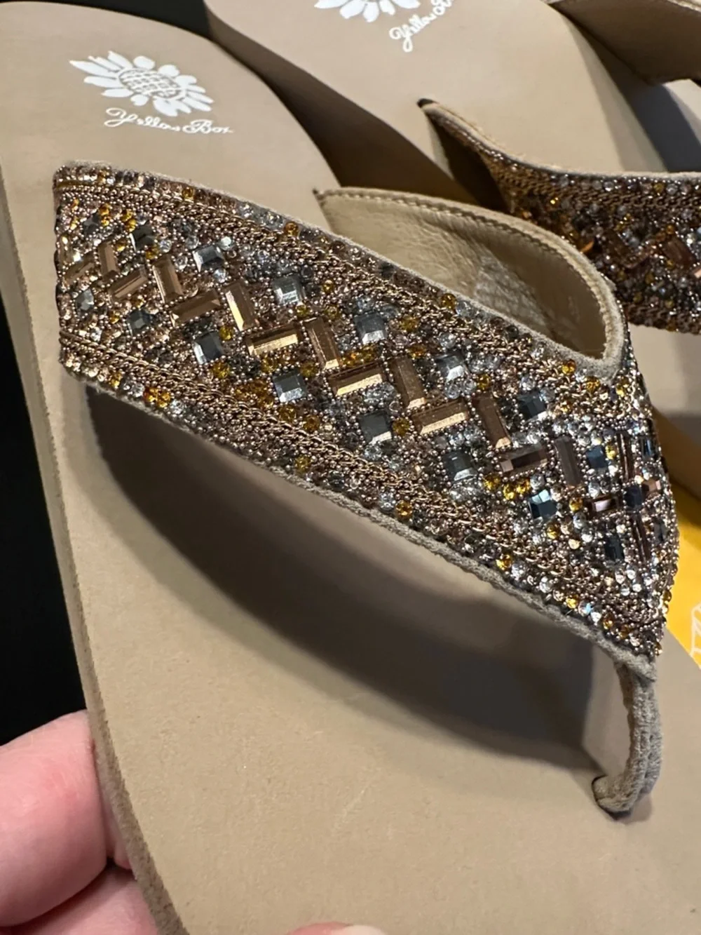 Yellow Box Tan Beaded Wedge Flip-Flops with Gold Accents - Picture 4 of 4